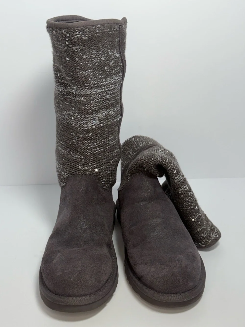 UGG Australia Camaya Charcoal Gray Suede Knit Sequin Tall Boots Women's Size 8